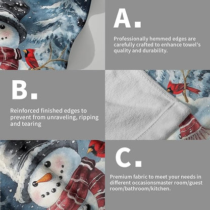 Winter Snowman Hand Bath Towel 2 Packs 28x14 inch Xmas Snow Snowflake Red Bird Decorative Kitchen Tea Dish Towels Seasonal Soft Absorbent Fingertip Towel for Home Bathroom Gym Spa