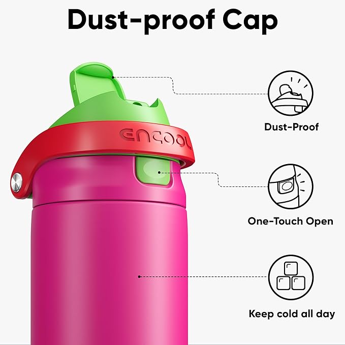 ENCOOL Leakproof Insulated Water Bottle with Straw Dual-Sip Water Bottle Bag-Safe Design for Work, Commute & Gym – Keeps Drinks Cold All Day, 18 oz, Neon Pink