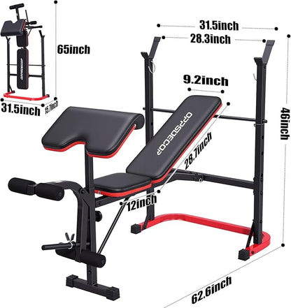 OPPSDECOR 661LBS Weight Bench Set, 8 in 1 Adjustable Bench Press with Squat Rack Leg Extension & Leg Curl Workout Bench with Safety Bar Catches Standard Weight Training Benches for Home Gym