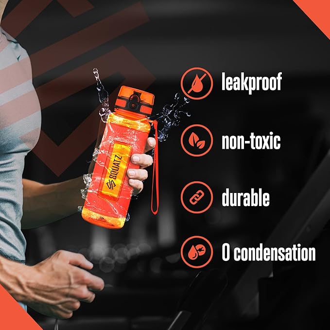 SQUATZ 40 Oz Poseidon Series Water Bottle for Protein and Fruit Shakes - Premium Quality Wide Mouth Gym Flask Fruit Infuser Strainer, Carrying Strap, Leak Resistance, No Condensation Sleeve, Orange
