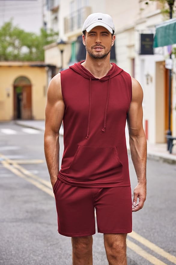 COOFANDY Mens Sleeveless Workout Hoodie Shorts Set 2 Piece Outfits Hooded Tank Tops Gym Tracksuit Sweatsuits