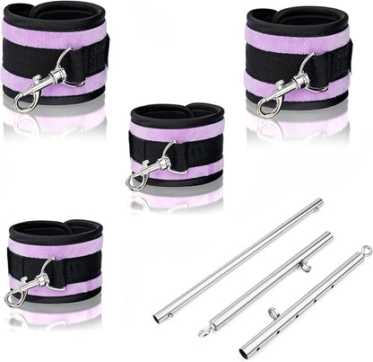 Spreader Bar Heavy Duty Stainless Steel Expandable Home Gym with 4pcs Furry Purple Adjustable Strap,Sports Aid Training Fitness Gear Pilates Aid Kit,Yoga Set