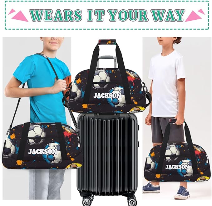 Personalized Soccer Gym Duffel Bags for Kids Boys with Custom Name Sport Training Travel Bags for Overnight Weekender, Black