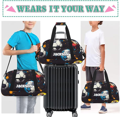 Personalized Soccer Gym Duffel Bags for Kids Boys with Custom Name Sport Training Travel Bags for Overnight Weekender, Black