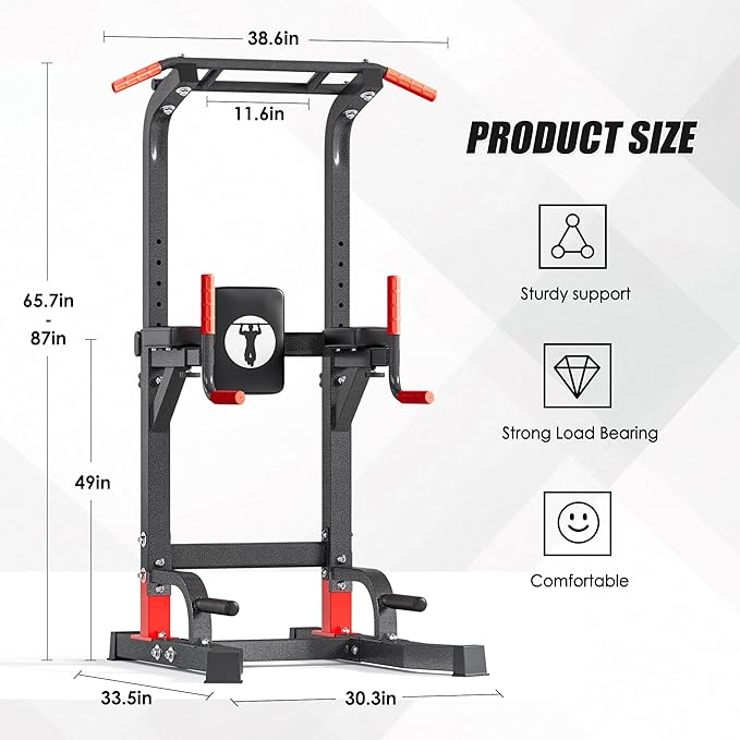 soges Pull Up Bar Dip Station, Power Tower with A Backrest, Adjustable Height Pull Up Bar Stand, Multi-Function Home Gym Strength Training