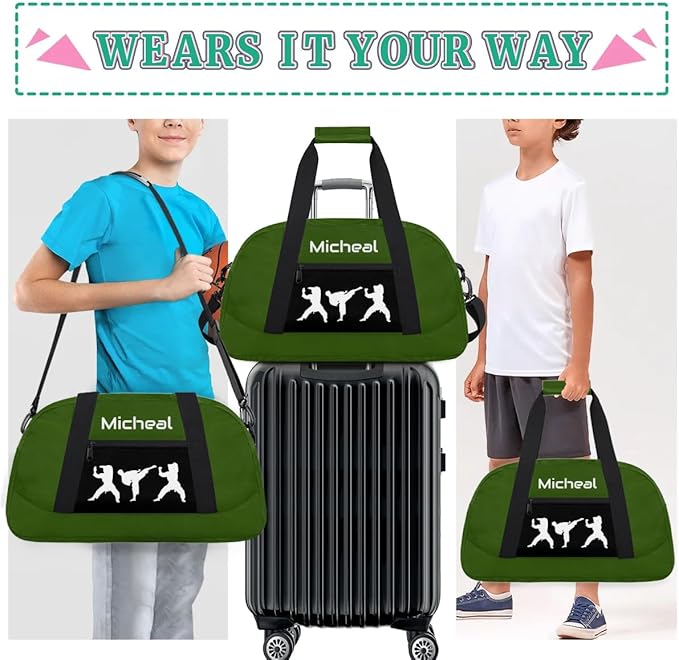 Personalized Martial Art Bag Duffel Bag for Boys Girls, Custom Taekwondo Karate Bag for Travel Weekender Practice Green