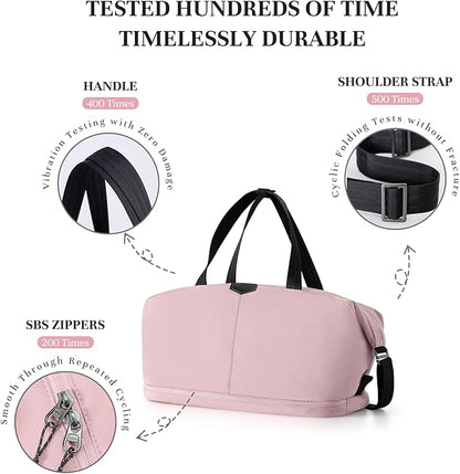 Timeet Expandable Gym Duffel Bag For Women with Yoga Mat Strap, 47L Sports Duffle Bag With Shoes Compartment&Dry Wet Pocket, Water Resistant Carry on Sports Weekend Travel Overnight Bag, Dusty Pink