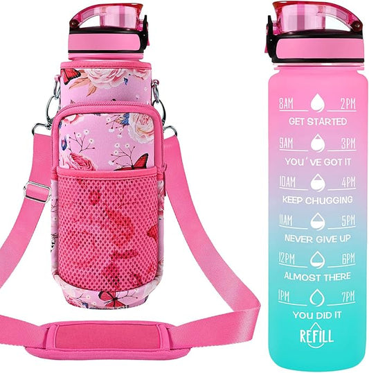 32 oz Water Bottles with Straw & Strap, Motivational Water Bottles with Times to Drink, BPA Free Reusable Sports Water Bottle with Sleeve Carrier for Hiking, Travel, Running or Fitness