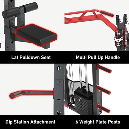 SNODE ALL10 Smith Machine for Home Gym, Power Rack with Cable Crossover, Squat Rack with Leg Press and Advanced LAT Pull-Down Seat, 2000LB Weight Capacity