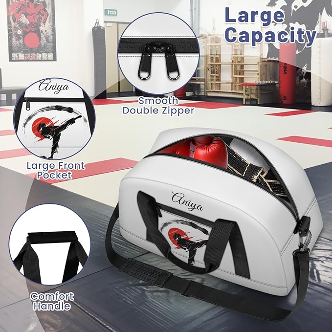 Custom Name Taekwondo Karate Duffle Bag for kids Girls - Personalized Martial Arts Gear Bag, Water-Resistant Sparring Equipment Bag, Taekwondo White