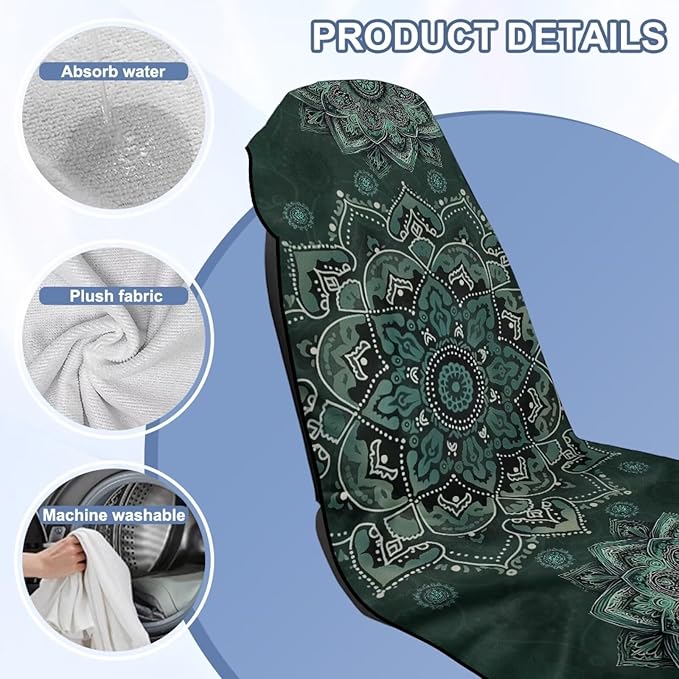 Bulopur Green Boho Mandala Car Seat Towel Cover After Gym Workout Running Swimming Boho Automotive Accessories for Girly Women Non-Slip Sweating Car Seat Cover