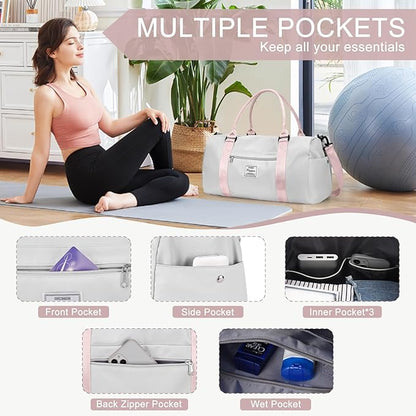 Gym Bag for Women with Shoes Compartment Small Duffel Bag Sport bag with Toiletry Bag Overnight Travel Tote Bags Weekender Carry on Bags Personal Item Bag for Airlines Grey Pink