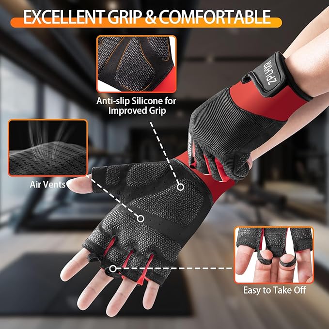Workout Gloves for Men and Women, Gym Gloves for Weight Lifting, Exercise, Cycling, Training & Fitness, Fingerless with Padded Grip, Full Palm Protection & Breathable Design