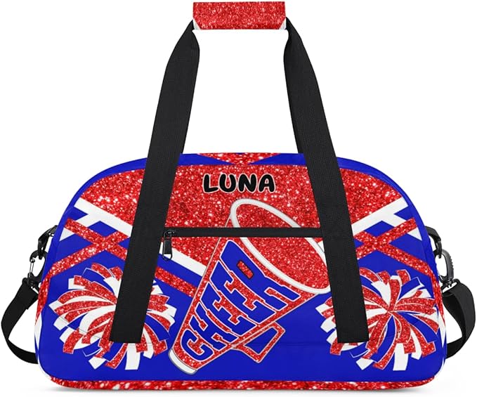 Custom Sports Gym Bag for Girls - Personalized Cheerleading, Dance, Gymnastics, Workout, Travel Overnight Duffel - Small Sleepover Bag, Red Glitters Royal Blue