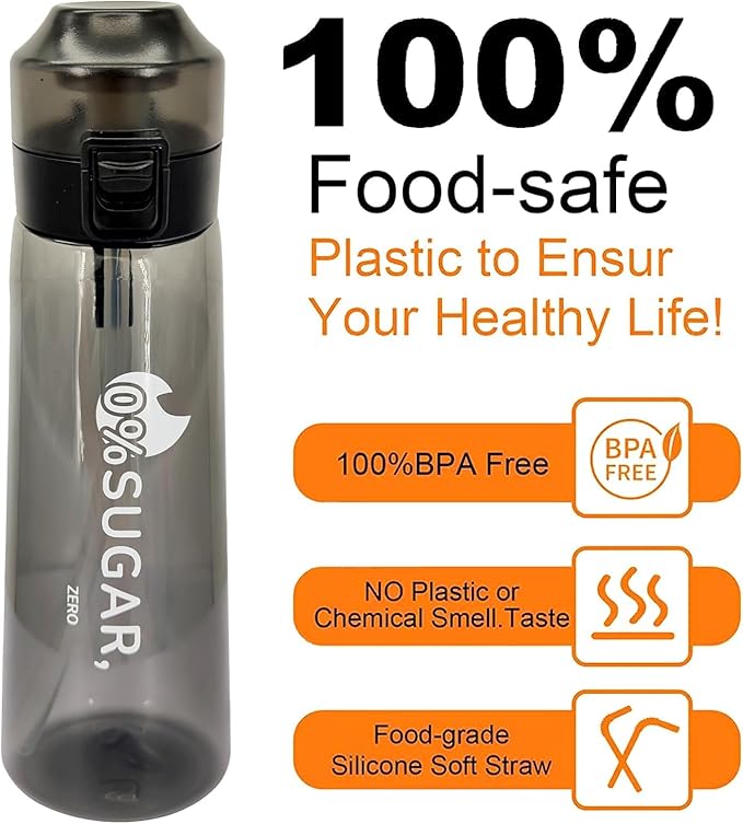 Air Scent Water Bottle with 12 Flavor Pods 650ML Fruit Fragrance Scented Water Cup BPA Free 0% Sugar For Fitness And Outdoor (1 Bottle Black+12 pods in random flavors)