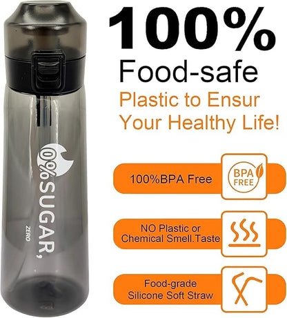 Air Scent Water Bottle with 12 Flavor Pods 650ML Fruit Fragrance Scented Water Cup BPA Free 0% Sugar For Fitness And Outdoor (1 Bottle Black+12 pods in random flavors)