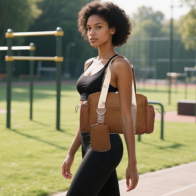 Everyday Mini Gym Bag for Women 2.0, Small Tote with Zipper Compartment Waterproof Travel Duffle Cute Handbag Workout Carry On with Removeable Shoulder Strap & Coin Wallet Easy to Clean - Brown