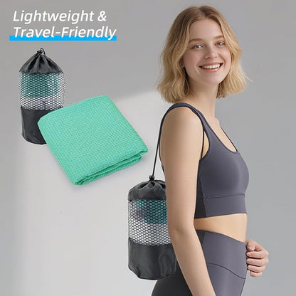 YESLIFE Non-Slip Extra Thick Hot Yoga Towel with One Sweat Towel, Microfiber Sweat Absorbent Yoga Mat Towel with Grip Dot, Pilates Mat, 72" x 24", Light Green