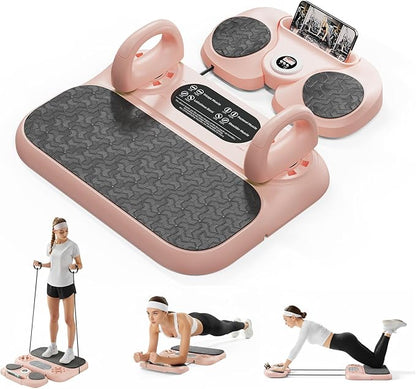 Multifuncional Pilates Board & Push Up System with Timer, Ab Wheel & Core Sliders, Portable Home Gym Kit with Resistance Ropes & Plank Support, Full Body Workout for Women & Men (Simulates Reformer)