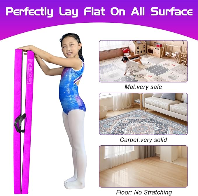 8FT Folding Balance Beam -Gymnastics Floor Beam -Gymnastics Equipment for Kids,Wood core- Anti-Slip Bottom and Carrying Bag for Home