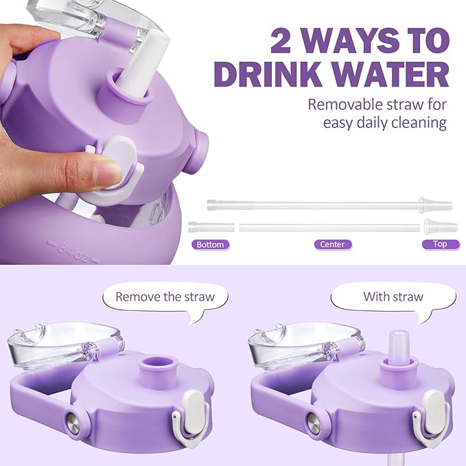 kytffu 84oz Glass Water Bottle with Straw, 2.5 Liter Large Water Bottle with Silicone Sleeve and OZ Marker, Wide Mouth Gallon Glass Bottle with 2-in-1 Lid, Leakproof Water Jug for Gym Home, Purple