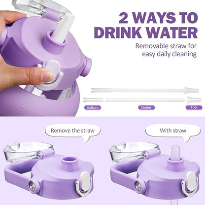 kytffu 84oz Glass Water Bottle with Straw, 2.5 Liter Large Water Bottle with Silicone Sleeve and OZ Marker, Wide Mouth Gallon Glass Bottle with 2-in-1 Lid, Leakproof Water Jug for Gym Home, Purple