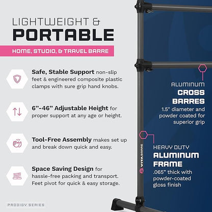 VITA Barre Portable Freestanding Double Ballet Barre, Prodigy, Aluminum | Adjustable Height, USA Made, Home or Gym Exercise Equipment for Kids & Adults | Dance, Fitness, Pilates