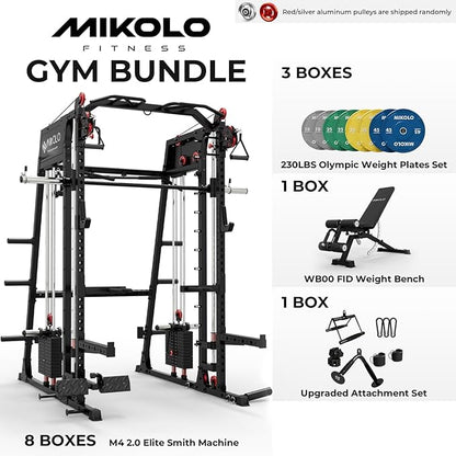 Mikolo M4 2.0 Smith Machine, 2200lbs Squat Rack with LAT-Pull Down System & Cable Crossover Machine, Training Equipment with Leg Hold-Down Attachment