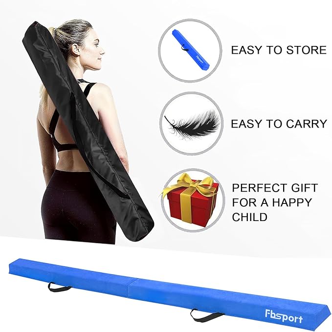 FBSPORT 8ft/9ft/9.5ft Balance Beam Folding Gymnastics Beam Foam Balance Floor Beam Equipment for Kids Adults, Suede Cover Anti Slip Base with Carry Bag for Home School Gym Training