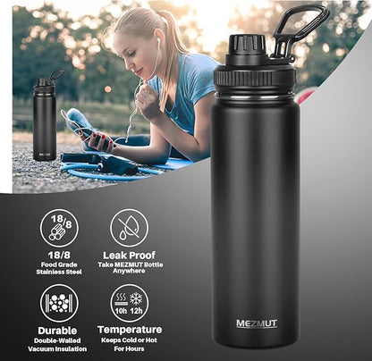 MEZMUT Insulated Water Bottle 24oz Stainless Steel Water Bottles with Straw&2 Lids Sports Metal Water Bottle Cup Double Walled Vacuum Insulated Bottles Leak-Proof Travel(Black)