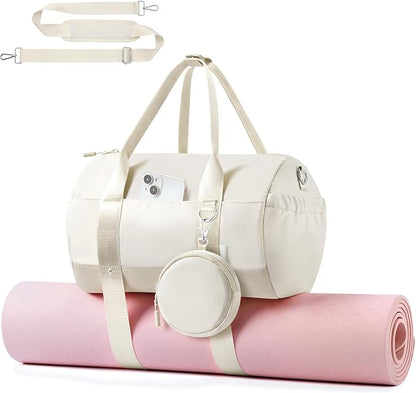 TOPEAST Small Gym Bag for Women with Yoga Mat Holder, Small Sports Duffle Bag Mini Gym Tote Bag with Water Bottle Pocket & Coin Purse for Weekender Travel Dance Workout, Beige