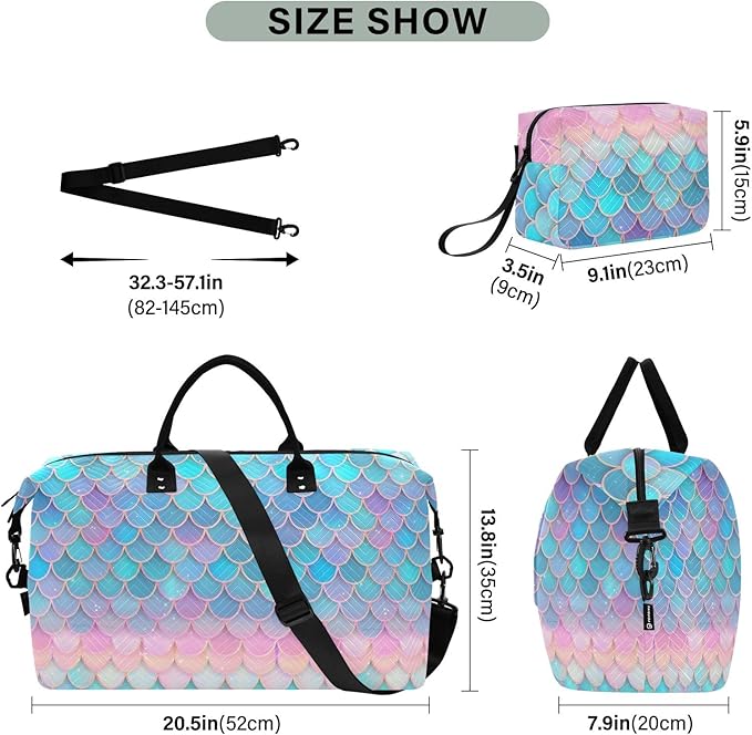 Weekender Bags Travel Duffel Gym Bag Carry on Overnight Tote Bag with Toiletry Bag for Airplane Travel Trip Gym Yoga (Fish Scales Mermaid)