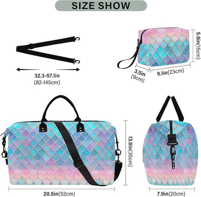 Weekender Bags Travel Duffel Gym Bag Carry on Overnight Tote Bag with Toiletry Bag for Airplane Travel Trip Gym Yoga (Fish Scales Mermaid)