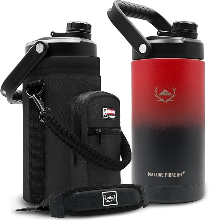 NATURE PIONEOR 64 oz Insulated Water Bottle - Double Vacuum Stainless Steel Half Gallon Water Jug with Holder/Carrier, Wide Mouth, Outdoor Sports, Hiking, Camping, Gym