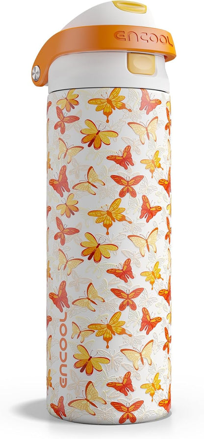 ENCOOL Leakproof Insulated Water Bottle with Straw Dual-Sip Water Bottle Bag-Safe Design for Work, Commute & Gym – Keeps Drinks Cold All Day, 24 oz, Sunset Butterflies