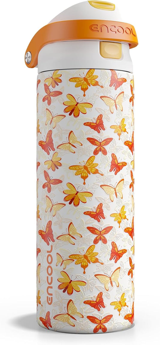 ENCOOL Leakproof Insulated Water Bottle with Straw Dual-Sip Water Bottle Bag-Safe Design for Work, Commute & Gym – Keeps Drinks Cold All Day, 24 oz, Sunset Butterflies