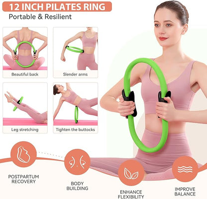 HASHMUST Pilates Ring Kit 12 PCS for Women, Home Workout Equipment with Magic Circle, Mini Exercise Ball, Resistance Bands, Massage Lacrosse, Yoga Strap, Full-Body Fitness Set for Toning & Gift