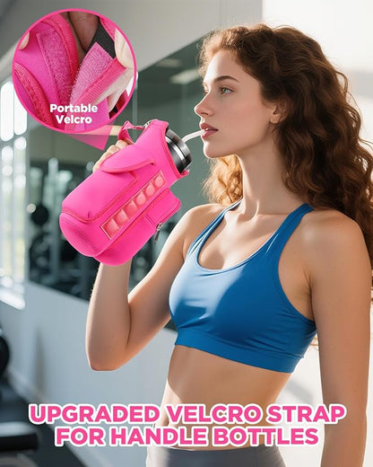 IPOW Magnetic Gym Bag Water Bottle Carrier Holder with Phone Pockets & Shoulder Strap for Men Women,Water Bottle Holder, Gym Pouch, Crossbody Bag for Travel, Sports, Work, Fitness - Rose Pink