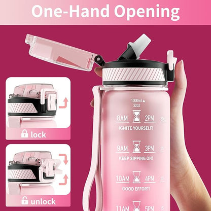 Water Bottle with Straw, 32oz Motivational Water Bottles with Time Marker to Drink, Tritan BPA Free, 1L Sports Water Bottle with Carry Strap LeakProof for Women Gym Fitness Outdoor (1 Pack)