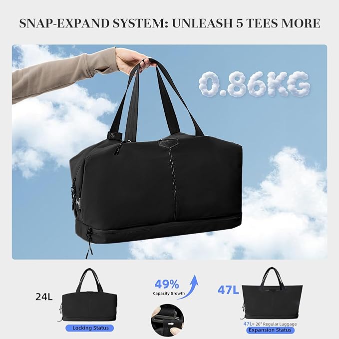 Timeet Expandable Gym Duffel Bag For Women with Yoga Mat Strap, 47L Sports Duffle Bag With Shoes Compartment&Dry Wet Pocket, Water Resistant Carry on Sports Weekend Travel Overnight Bag, Ink Black