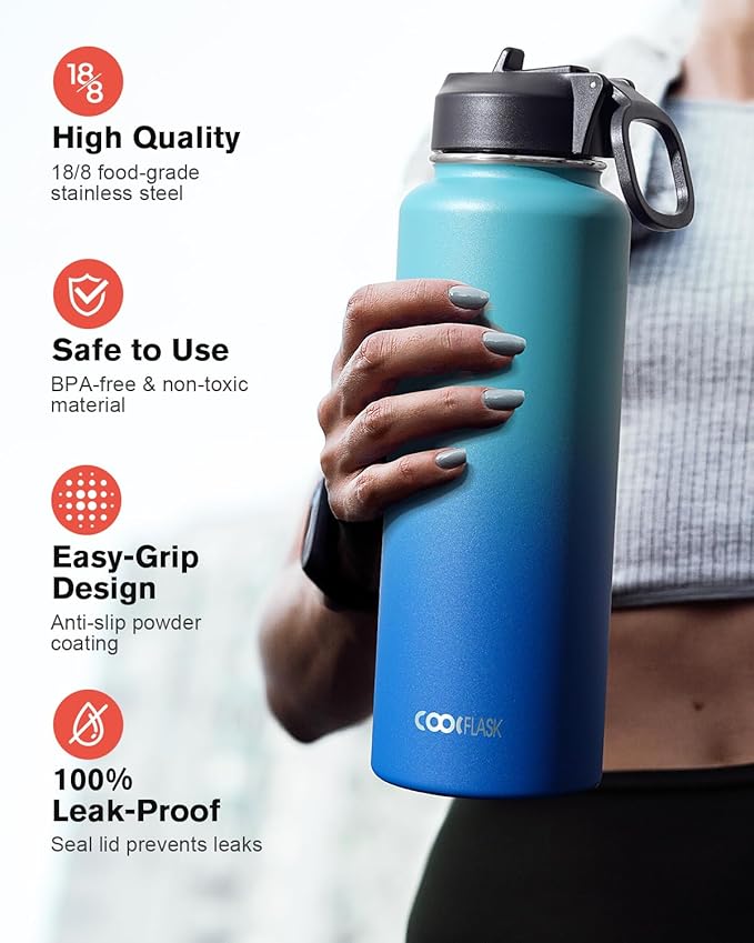 Coolflask Water Bottle 40 oz Insulated with Straw, Stainless Steel Metal 3 Lids Water Flask for Sports or Office, Keep Cold 48H Hot 24H, Indigo Blue