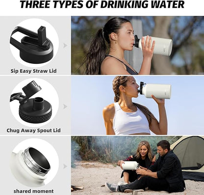 64oz Insulated Water Bottle (Cold for 48 Hrs),BPA Free&Leak Proof,Half Gallon Stainless Steel Water Flask,Water Jug with Straw Spout Lids for Gym,Hiking,Camping,White