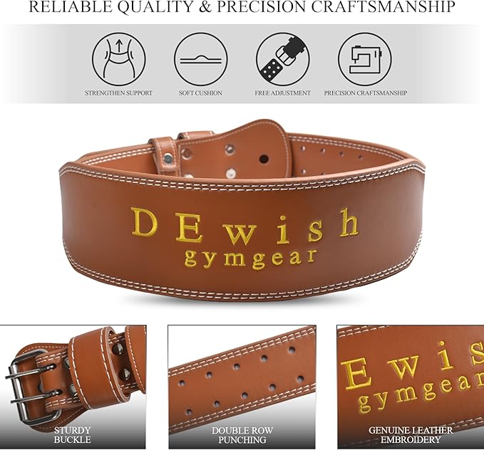 10 Adjustable Holes Genuine Leather Weightlifting Belt, 4”& 6”Width, Double Prong Power Belt for Gym Bodybuilding, weightlifting, powerlifting, squats and deadlifts