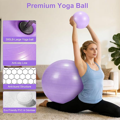4Pcs Yoga Ball Set includes Large and 9in Pilates Balls, Massage & Spiky Ball for Fitness ,Anti-Burst Exercise Ball with Pumb for Pregnancy,Physical Therapy,Office Chair, Home Workout,3Sizes,3Colors