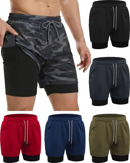 Sureio 6 Pcs Men's 2 in 1 Workout Running Shorts 5" Athletic Gym Shorts with Liner Quick Dry Shorts with Pockets Towel Loop