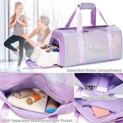 Dance Duffle Bag for Girls Shiny Glitter Sports Gym Bag for Girls Weekender Overnight Sleepover Travel Duffel with Shoes Compartment