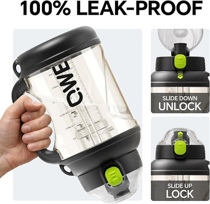 QWE Gym Plastic PPSU Water Bottles for men with Straw and Handle,Lightweight,54oz Large High-capacity for Hiking&Camping,Heat-resisting,Reusable, BPA Free,Double Drinking,leak proof(Black)