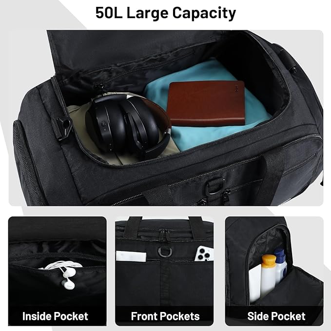 MIER Foldable Duffle Bag with Shoe Compartment 50L Travel Duffel Bags for Men Women Packable Overnight Bag for Camping Gym Weekender, Black