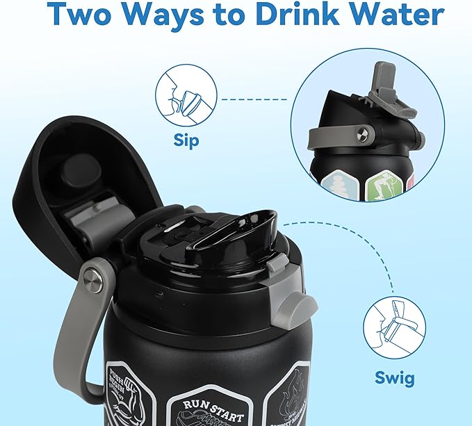 Motivational Insulated Stainless Steel Water Bottle – 2-in-1 Straw & Push-Button Lid, Leakproof, BPA-Free, Keeps Drinks Cold 30H, Perfect for Gym, Sports & Travel (Black, 32 Ounces)