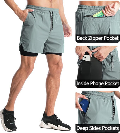 Aolesy Men's 2 in 1 Running Shorts 5" Workout Gym Athletic Shorts for Men Quick Dry Lightweight Training Shorts with Pockets